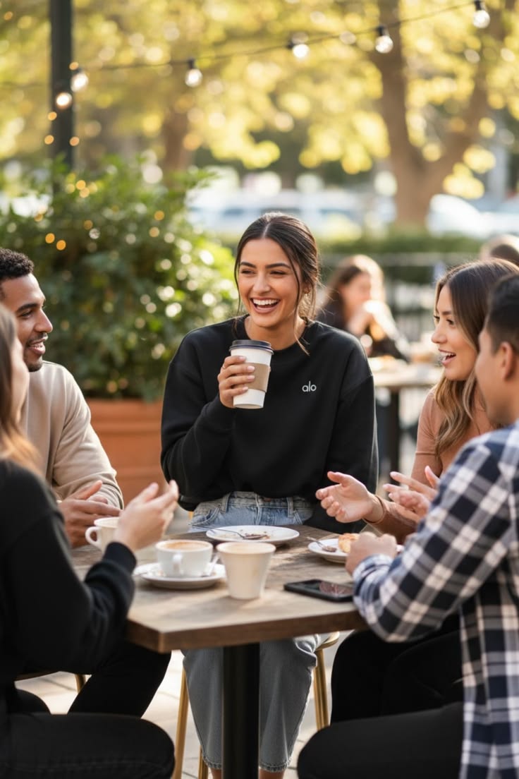 Friends sitting around an outdoor café table, smiling and talking over coffee.