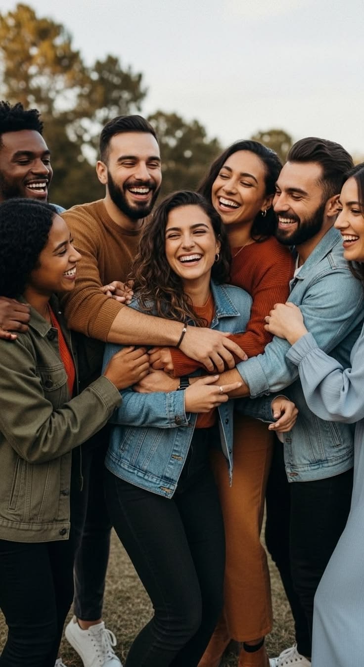 A group of friends laughing together in a warm group hug outdoors at dusk.