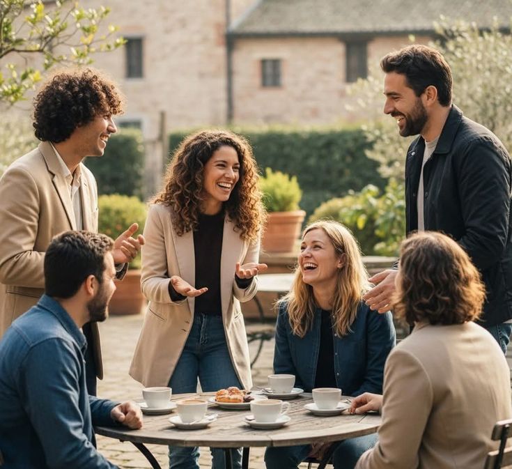 A relaxed group of adults gathered around an outdoor café table in a courtyard, laughing during a conversation.